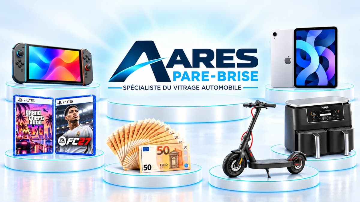 Le logo de Ares Pare-Brise entouré des cadeaux de l'offre